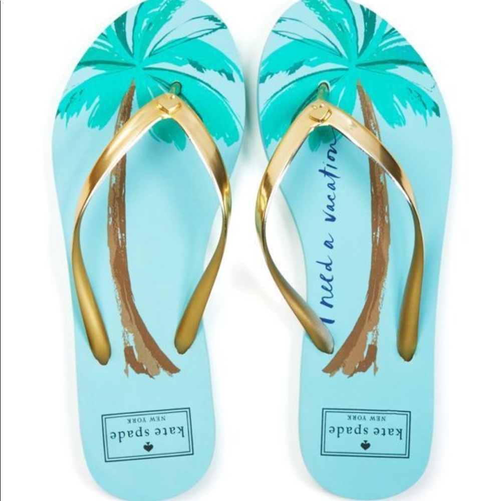 NWT Kate Spade need a vacation flip flops gold